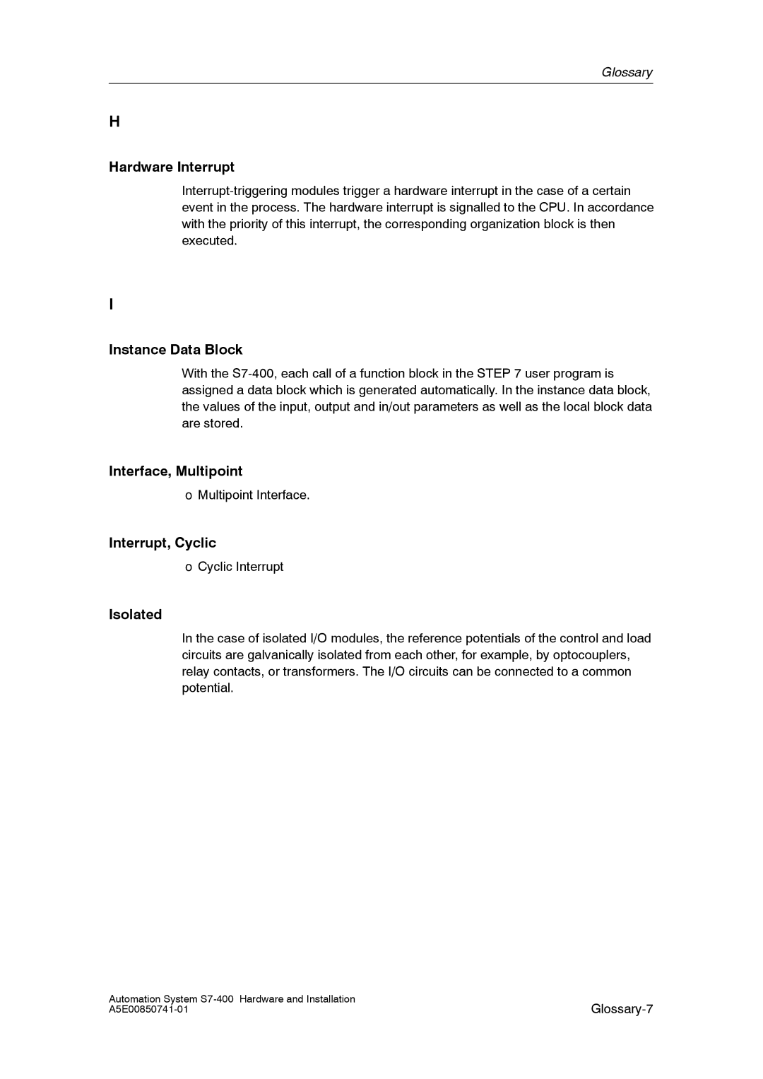 Siemens S7-400 Hardware Interrupt, Instance Data Block, Interface, Multipoint, Interrupt, Cyclic, Isolated 