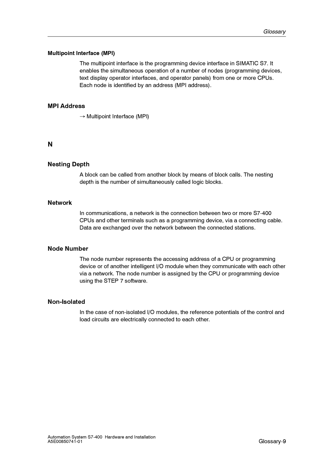 Siemens S7-400 installation manual MPI Address, Nesting Depth, Network, Node Number, Non-Isolated 