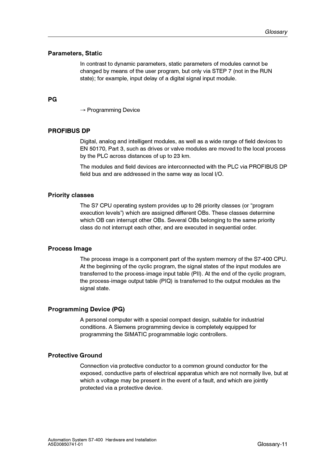 Siemens S7-400 installation manual Parameters, Static, Priority classes, Process Image, Programming Device PG 