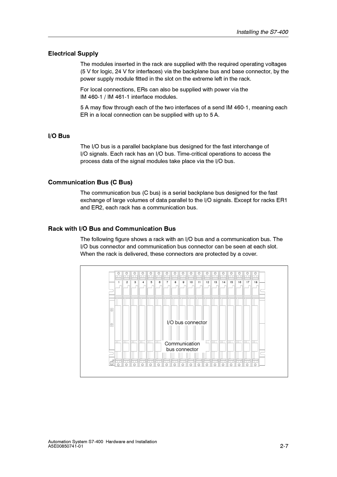 Siemens S7-400 installation manual Electrical Supply, Communication Bus C Bus, Rack with I/O Bus and Communication Bus 