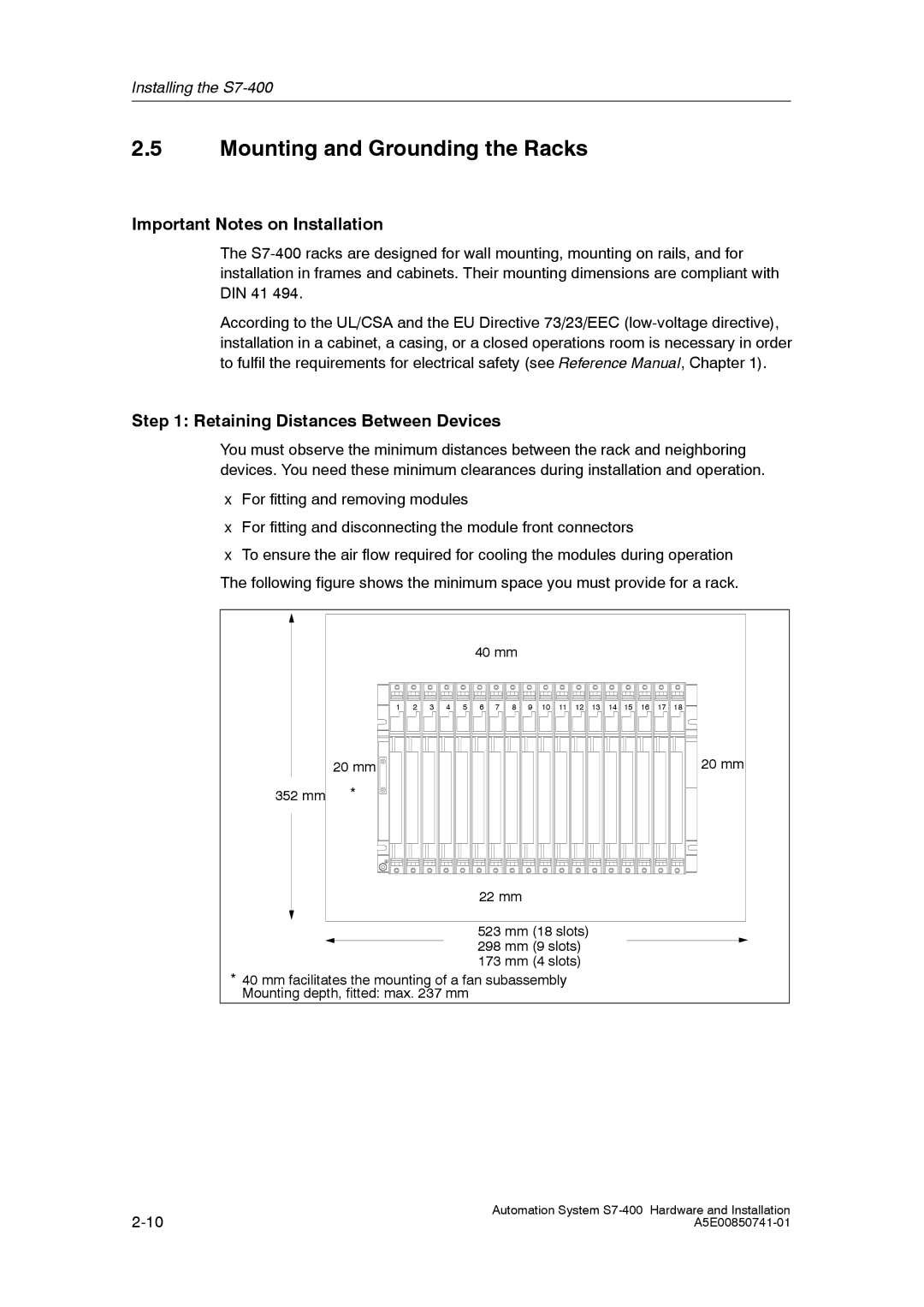 Siemens S7-400 Mounting and Grounding the Racks, Important Notes on Installation, Retaining Distances Between Devices 