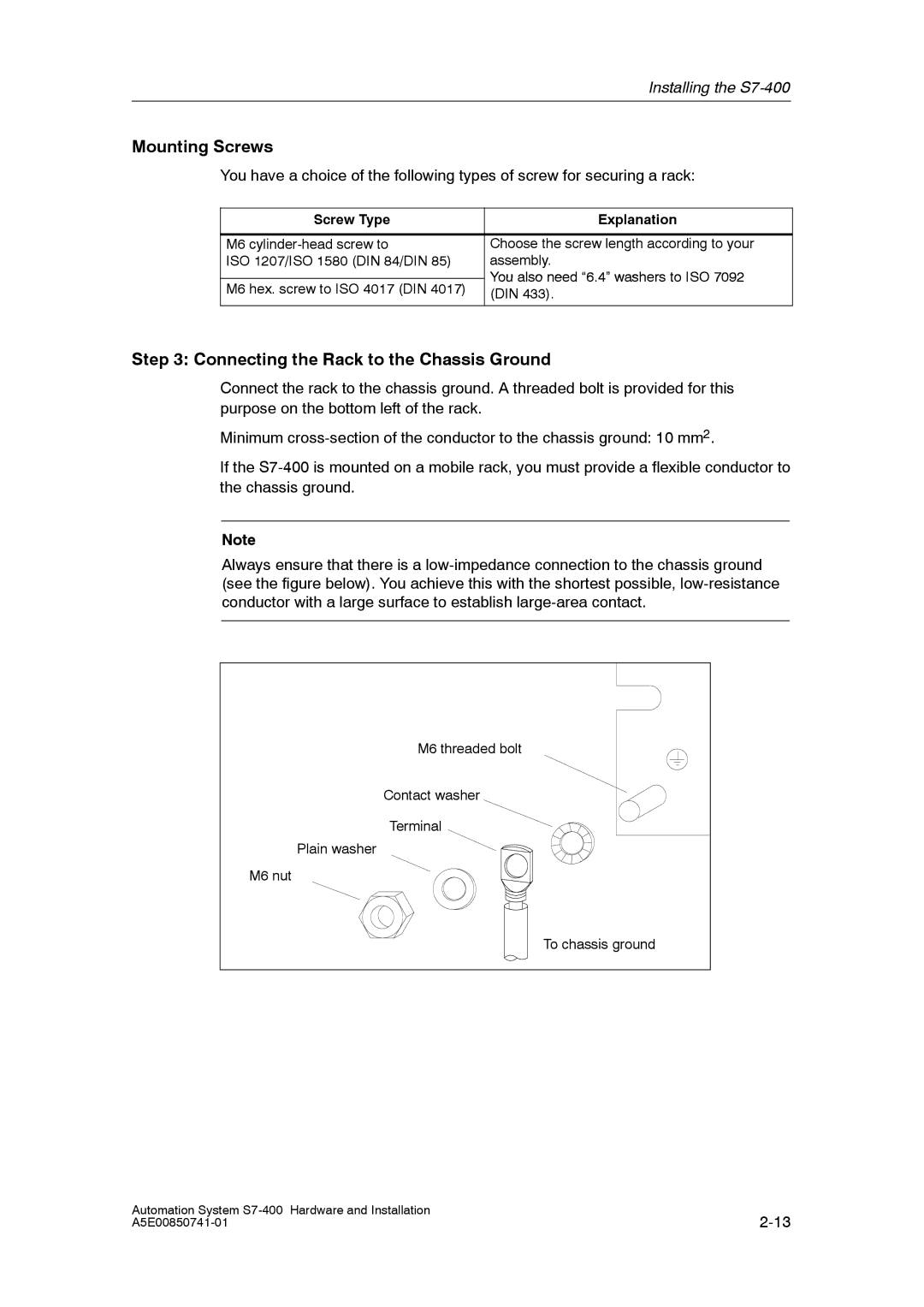 Siemens S7-400 installation manual Mounting Screws, Connecting the Rack to the Chassis Ground, Screw Type Explanation 