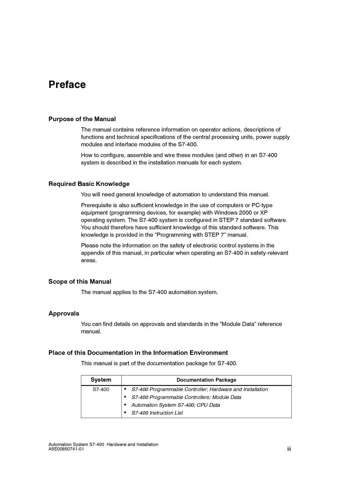 Siemens S7-400 installation manual Purpose of the Manual, Required Basic Knowledge, Scope of this Manual, Approvals 