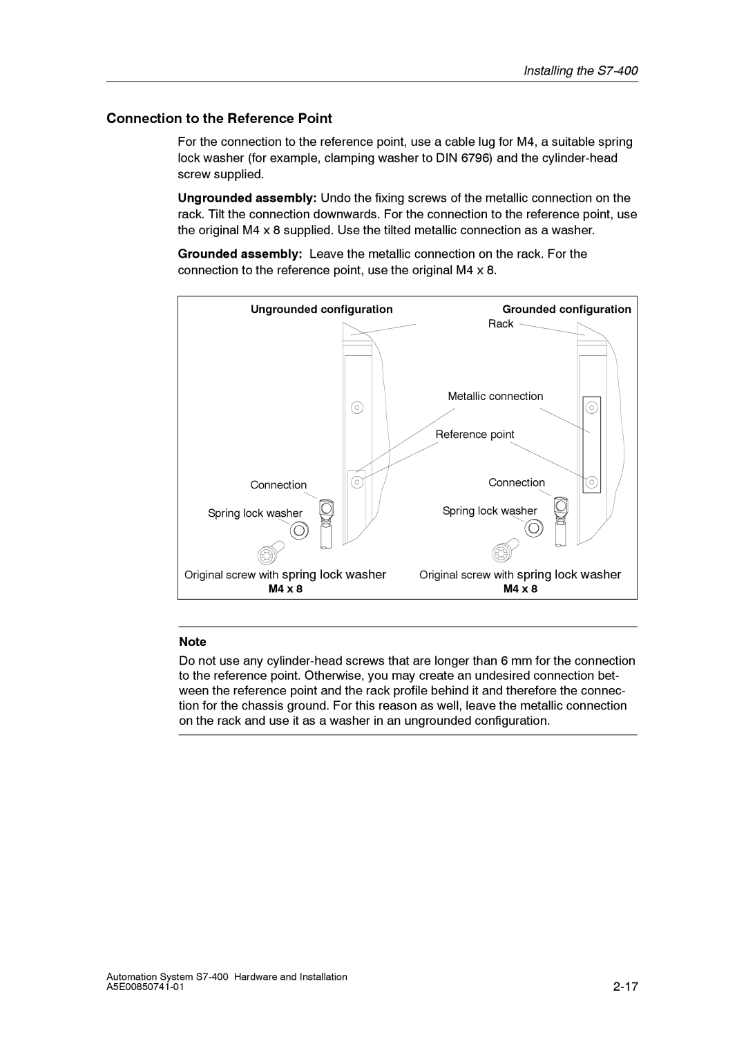 Siemens S7-400 installation manual Connection to the Reference Point, Ungrounded configuration Grounded configuration, M4 x 