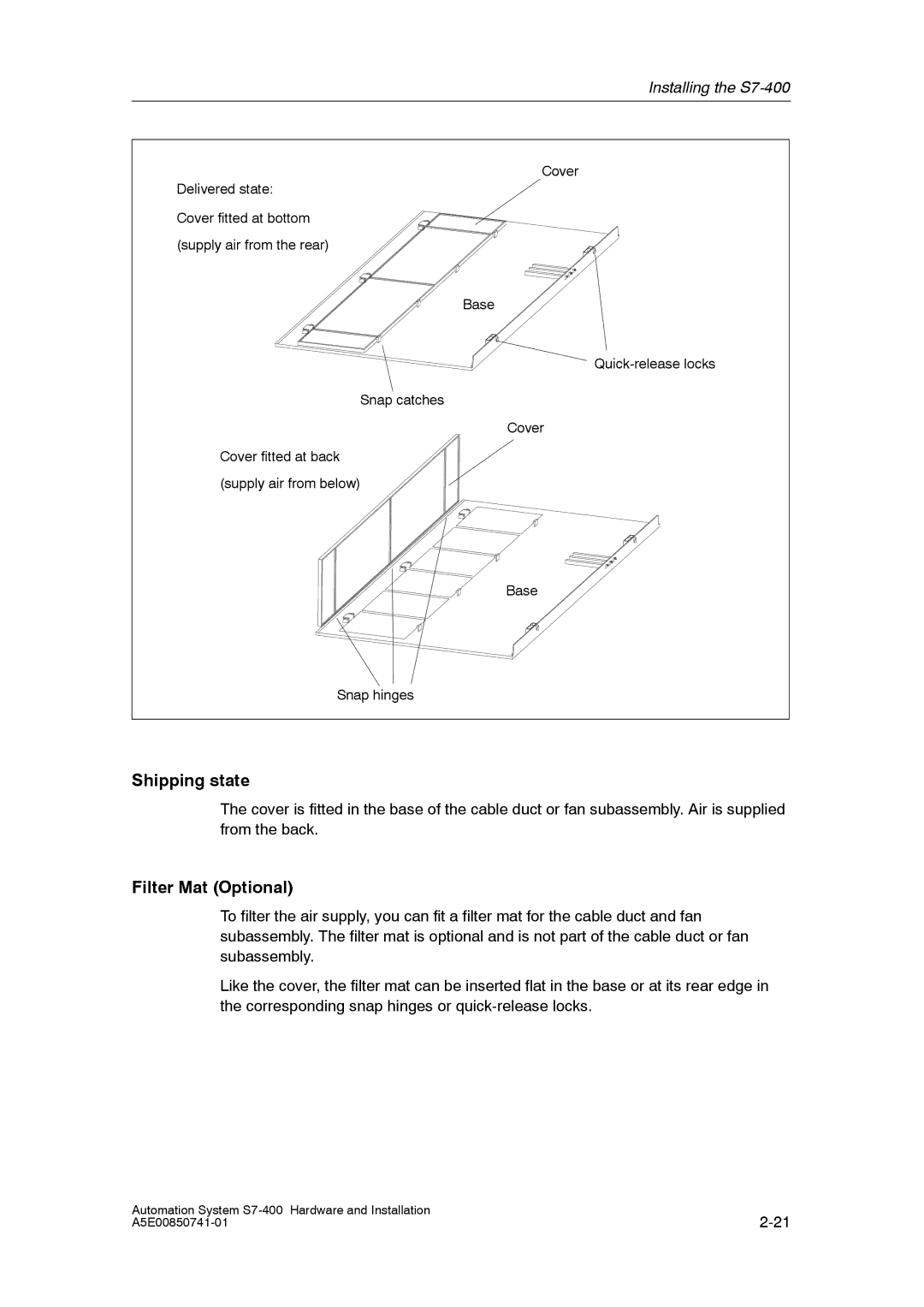 Siemens S7-400 installation manual Shipping state, Filter Mat Optional 