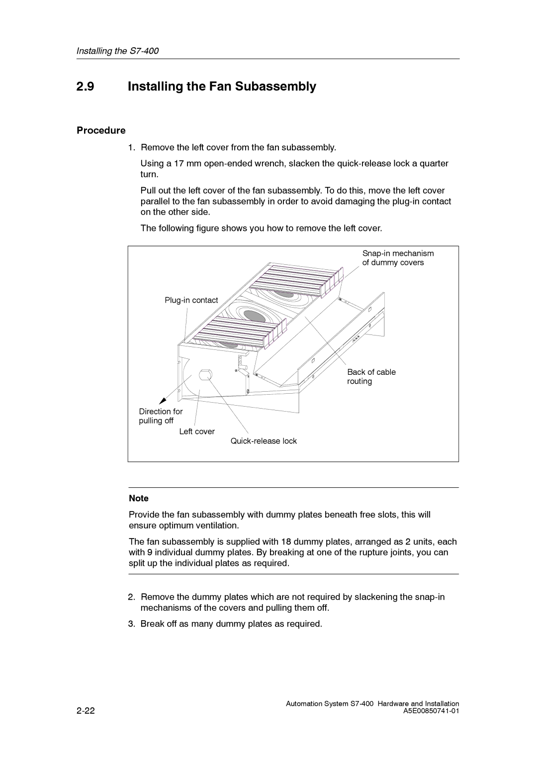 Siemens S7-400 installation manual Installing the Fan Subassembly, Procedure 