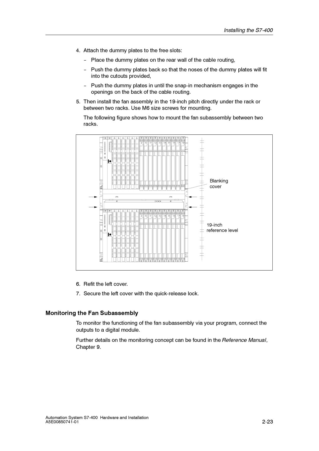 Siemens S7-400 installation manual Monitoring the Fan Subassembly 