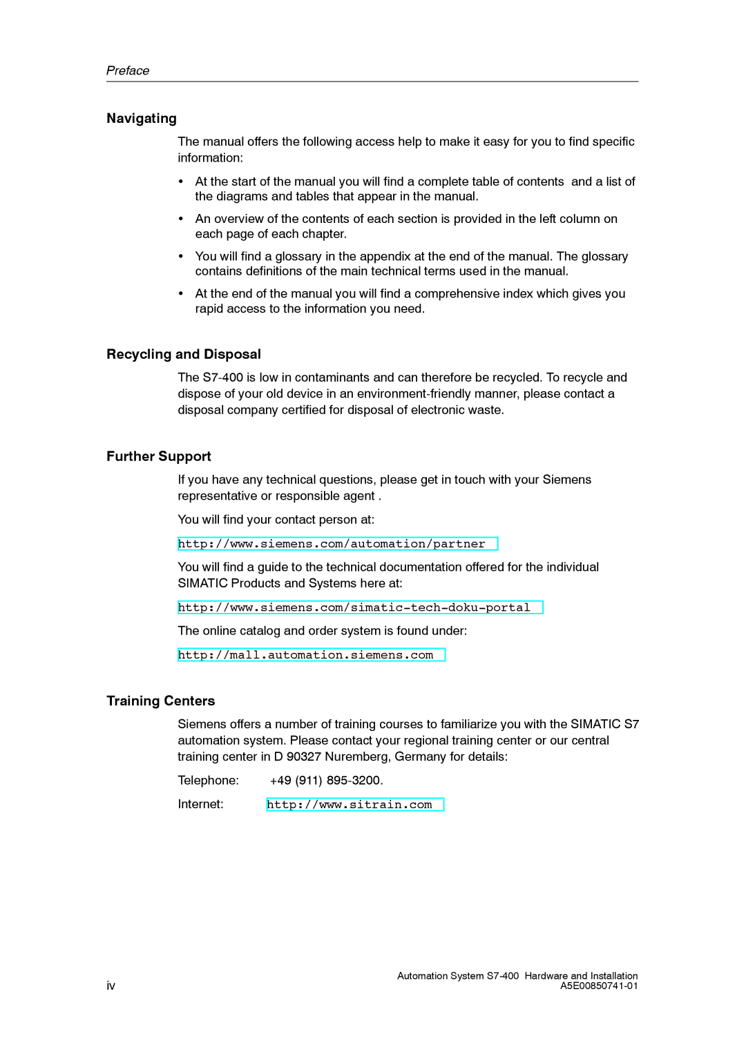 Siemens S7-400 installation manual Navigating, Recycling and Disposal, Further Support, Training Centers 