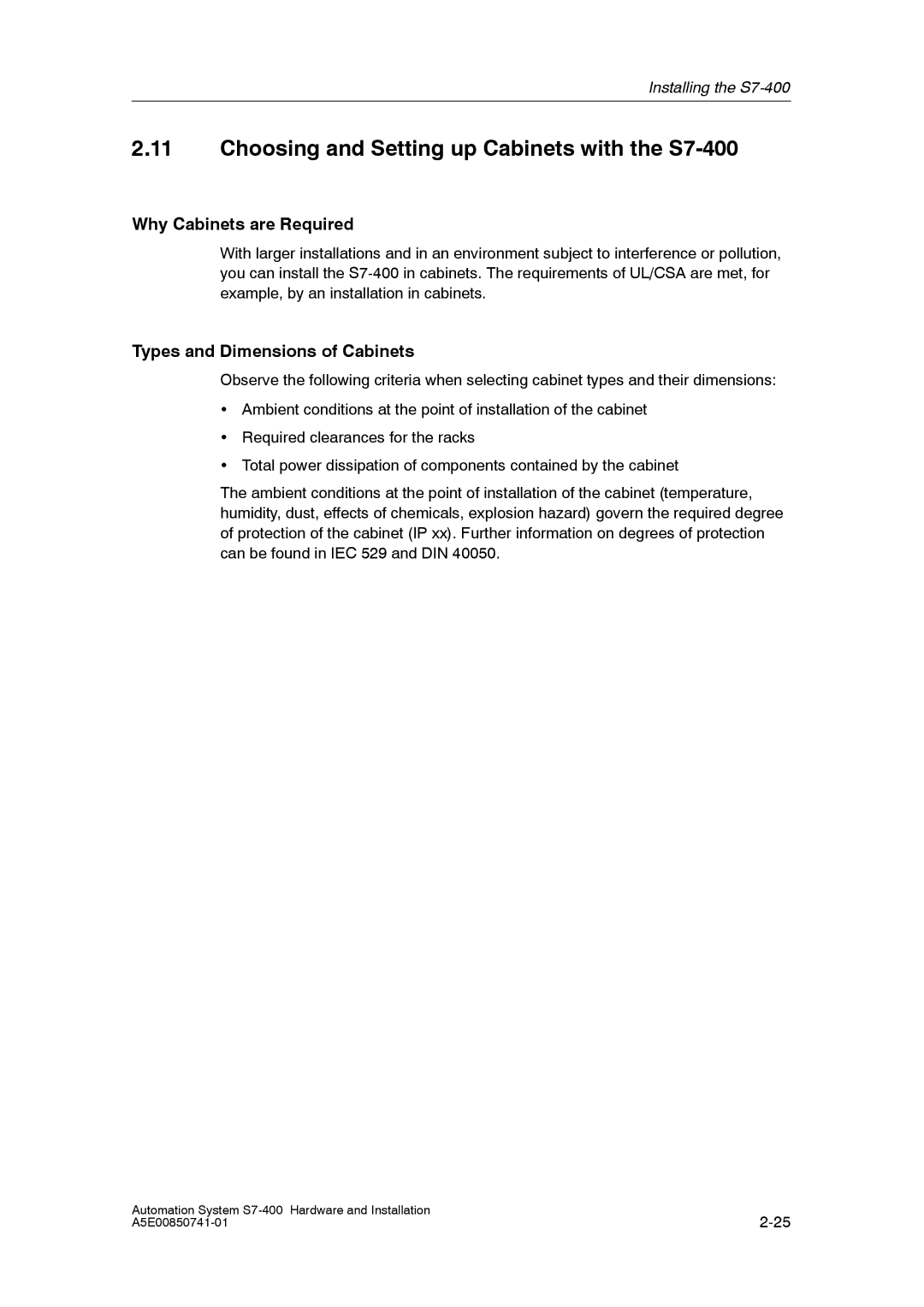 Siemens Choosing and Setting up Cabinets with the S7-400, Why Cabinets are Required, Types and Dimensions of Cabinets 