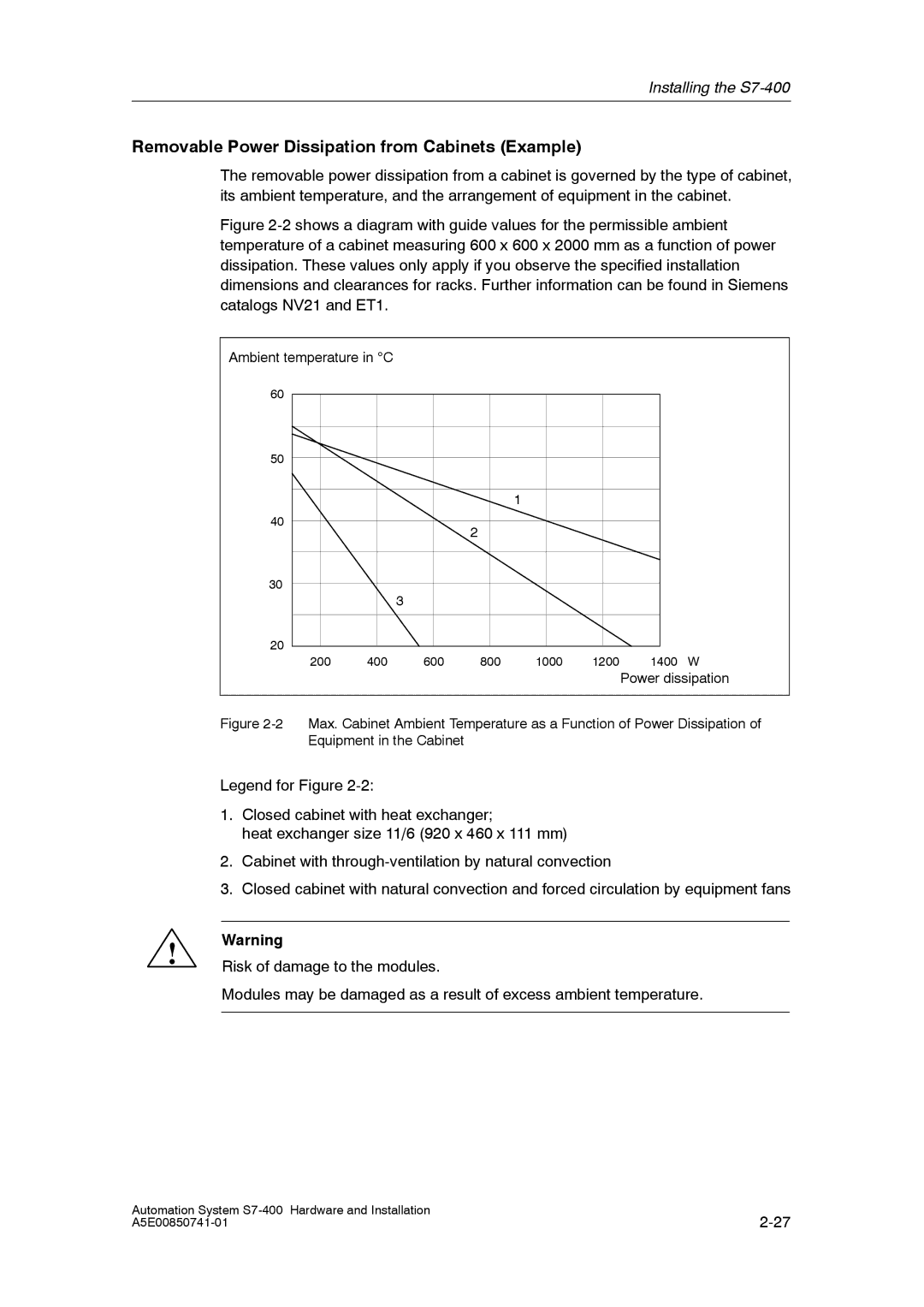 Siemens S7-400 installation manual Removable Power Dissipation from Cabinets Example 