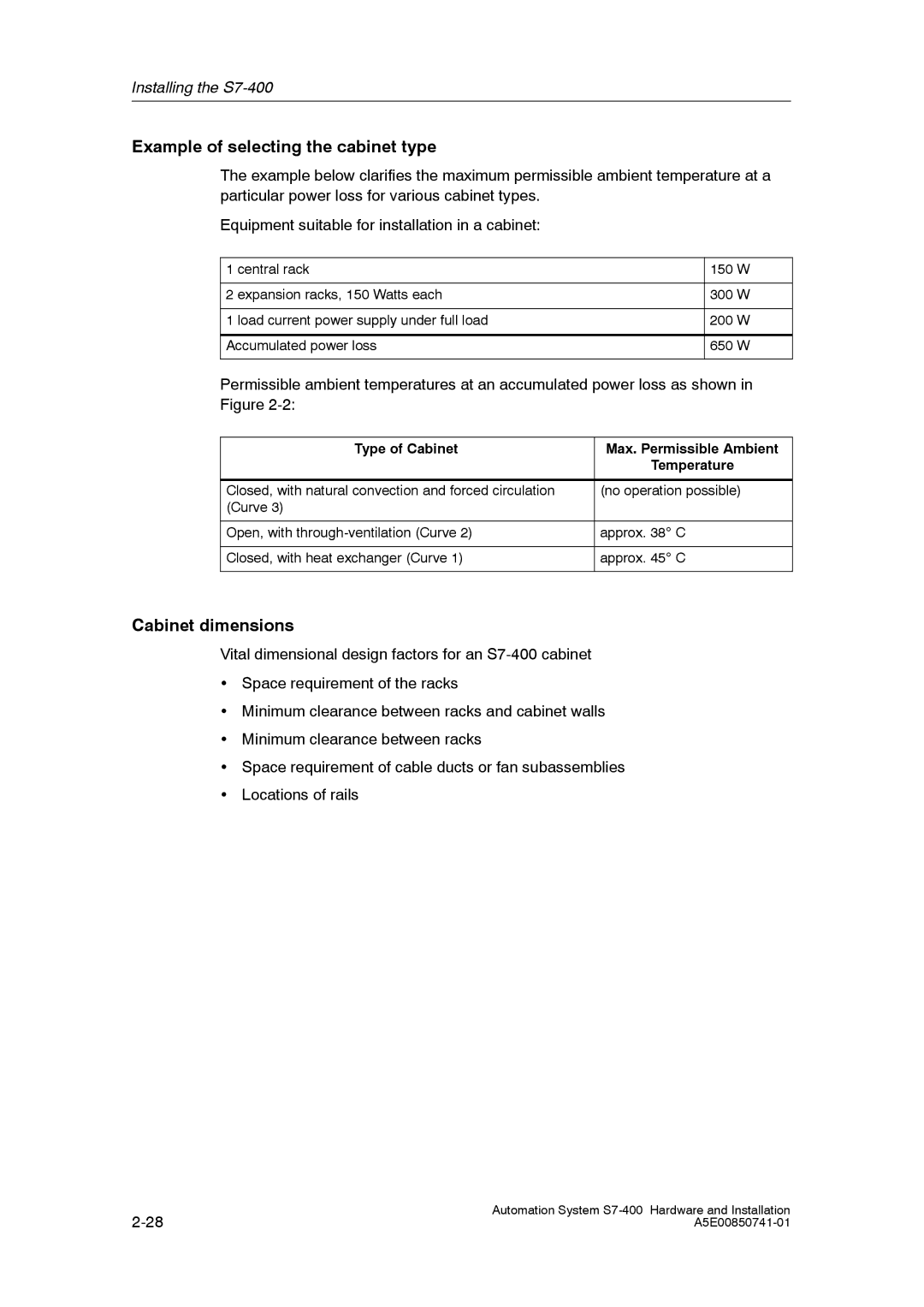 Siemens S7-400 Example of selecting the cabinet type, Cabinet dimensions, Type of Cabinet Max. Permissible Ambient 