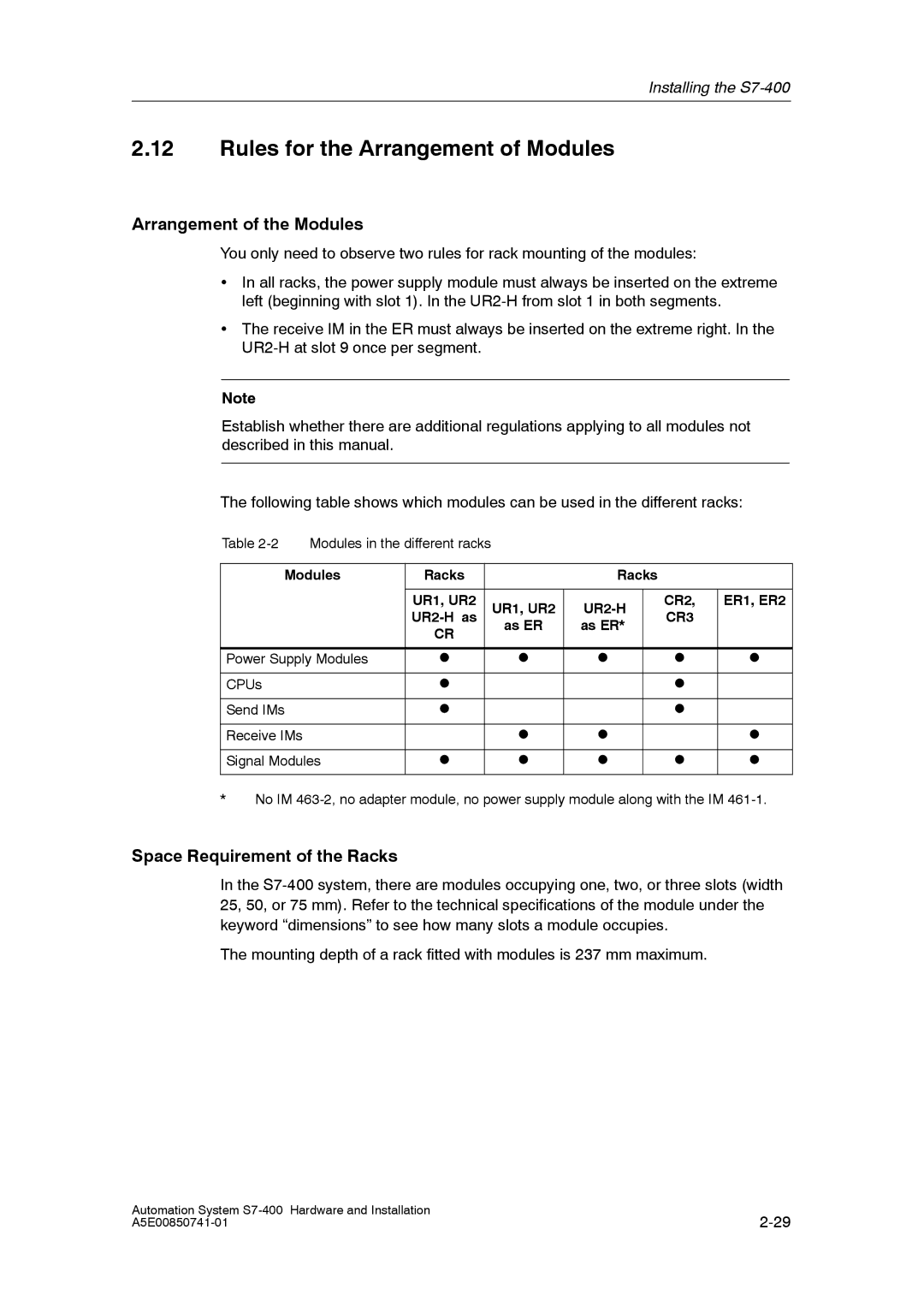 Siemens S7-400 Rules for the Arrangement of Modules, Arrangement of the Modules, Space Requirement of the Racks 