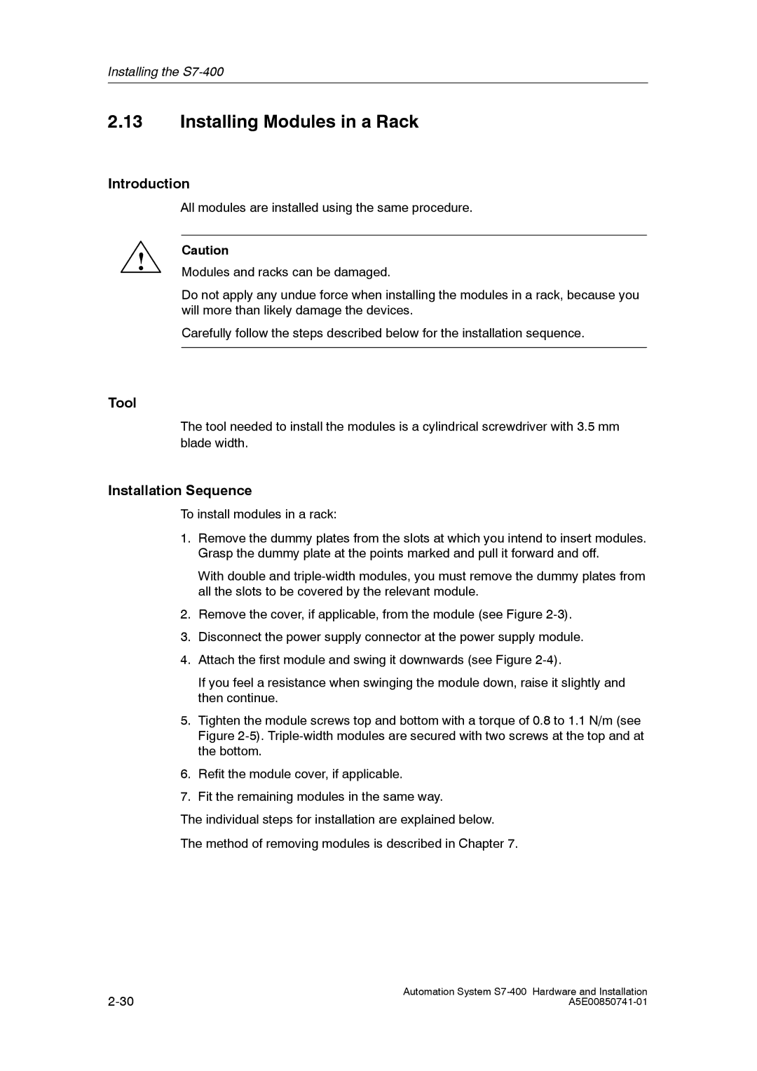 Siemens S7-400 installation manual Installing Modules in a Rack, Tool, Installation Sequence 