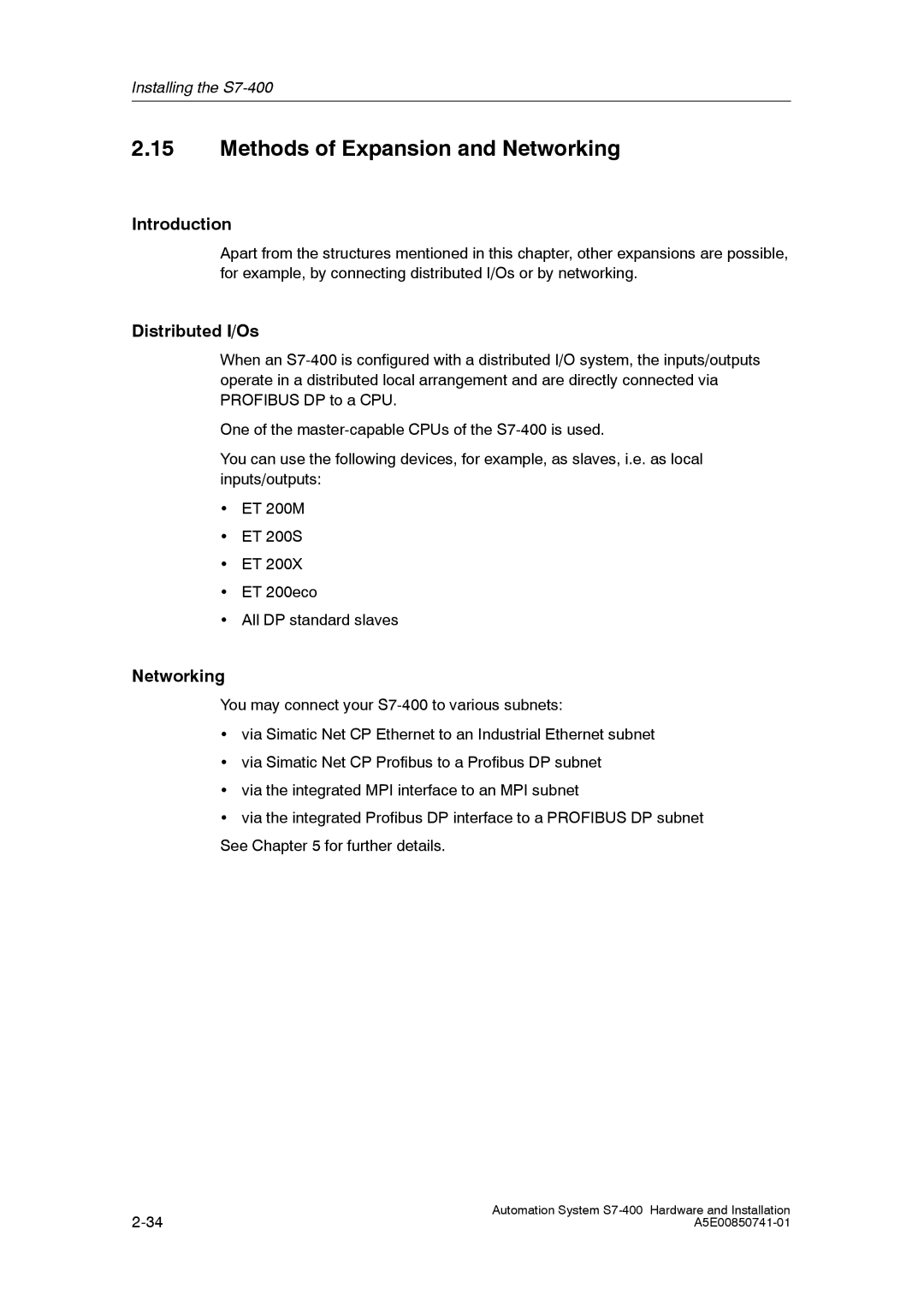 Siemens S7-400 installation manual Methods of Expansion and Networking, Distributed I/Os 