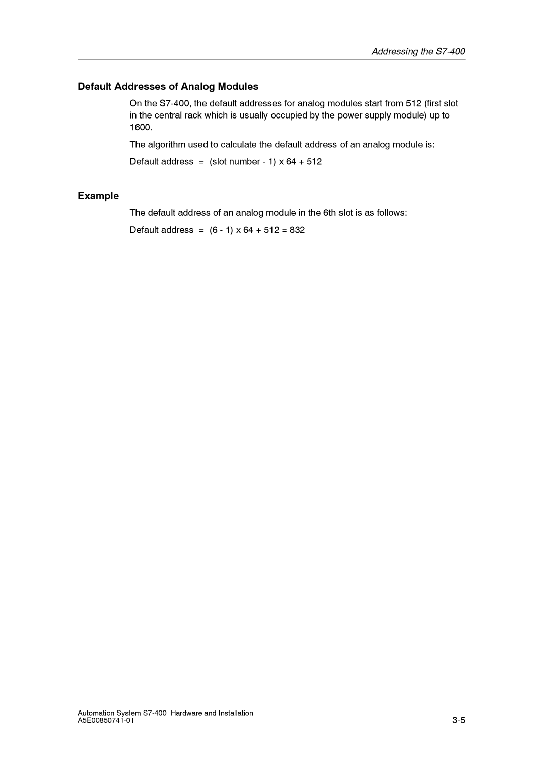 Siemens S7-400 installation manual Default Addresses of Analog Modules 