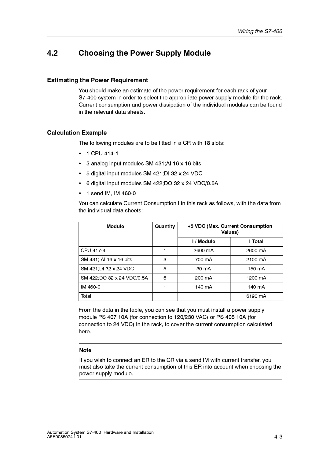 Siemens S7-400 Choosing the Power Supply Module, Estimating the Power Requirement, Calculation Example, Module Total 