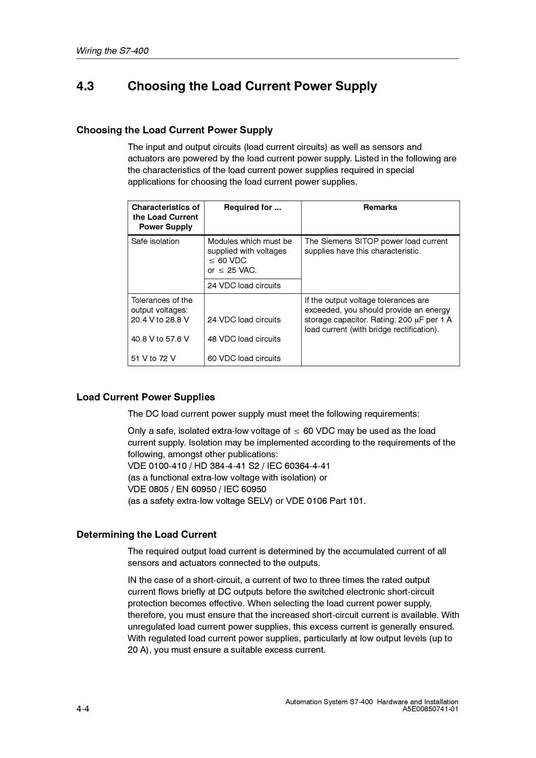 Siemens S7-400 Choosing the Load Current Power Supply, Load Current Power Supplies, Determining the Load Current 