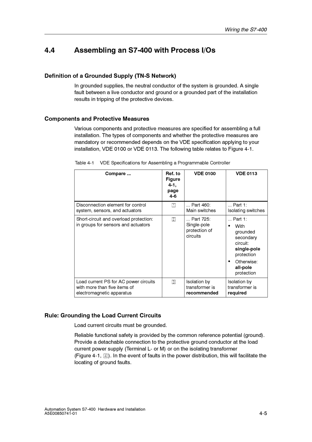 Siemens installation manual Assembling an S7-400 with Process I/Os, Definition of a Grounded Supply TN-S Network 