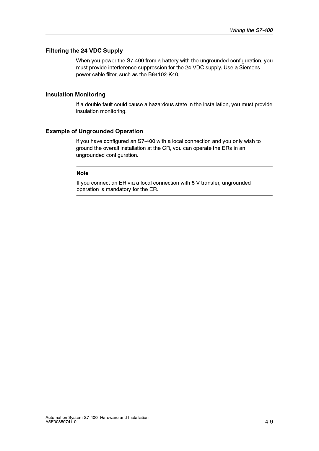 Siemens S7-400 installation manual Filtering the 24 VDC Supply, Insulation Monitoring, Example of Ungrounded Operation 