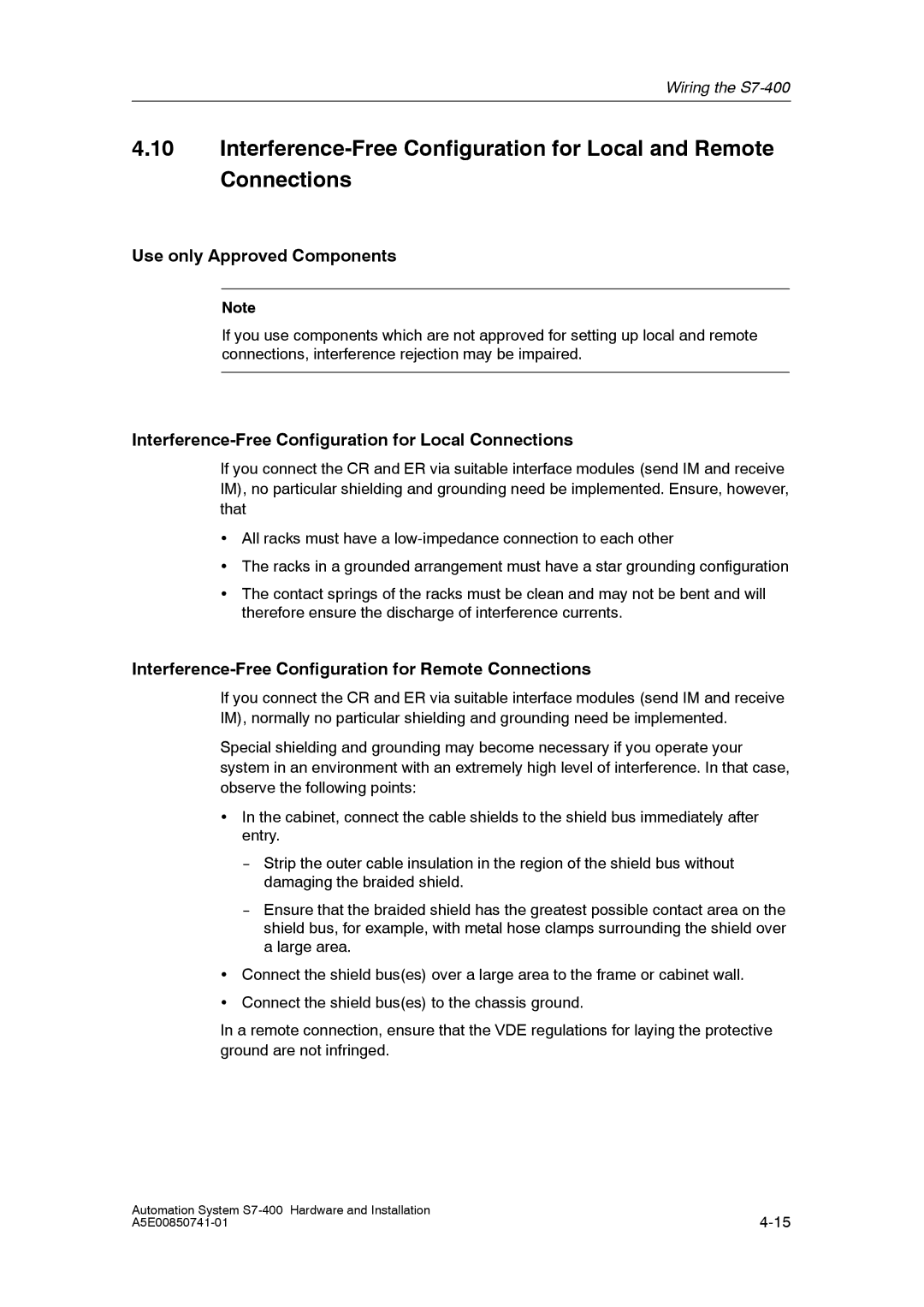 Siemens S7-400 installation manual Use only Approved Components, Interference-Free Configuration for Local Connections 