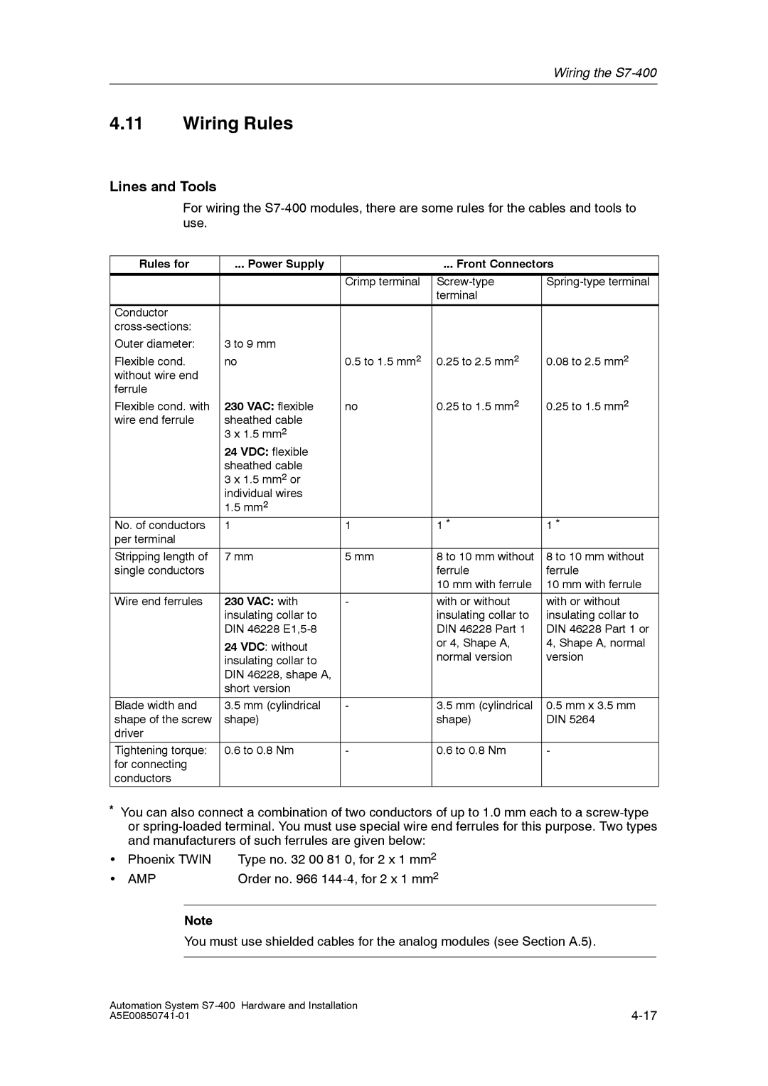 Siemens S7-400 installation manual Wiring Rules, Lines and Tools 