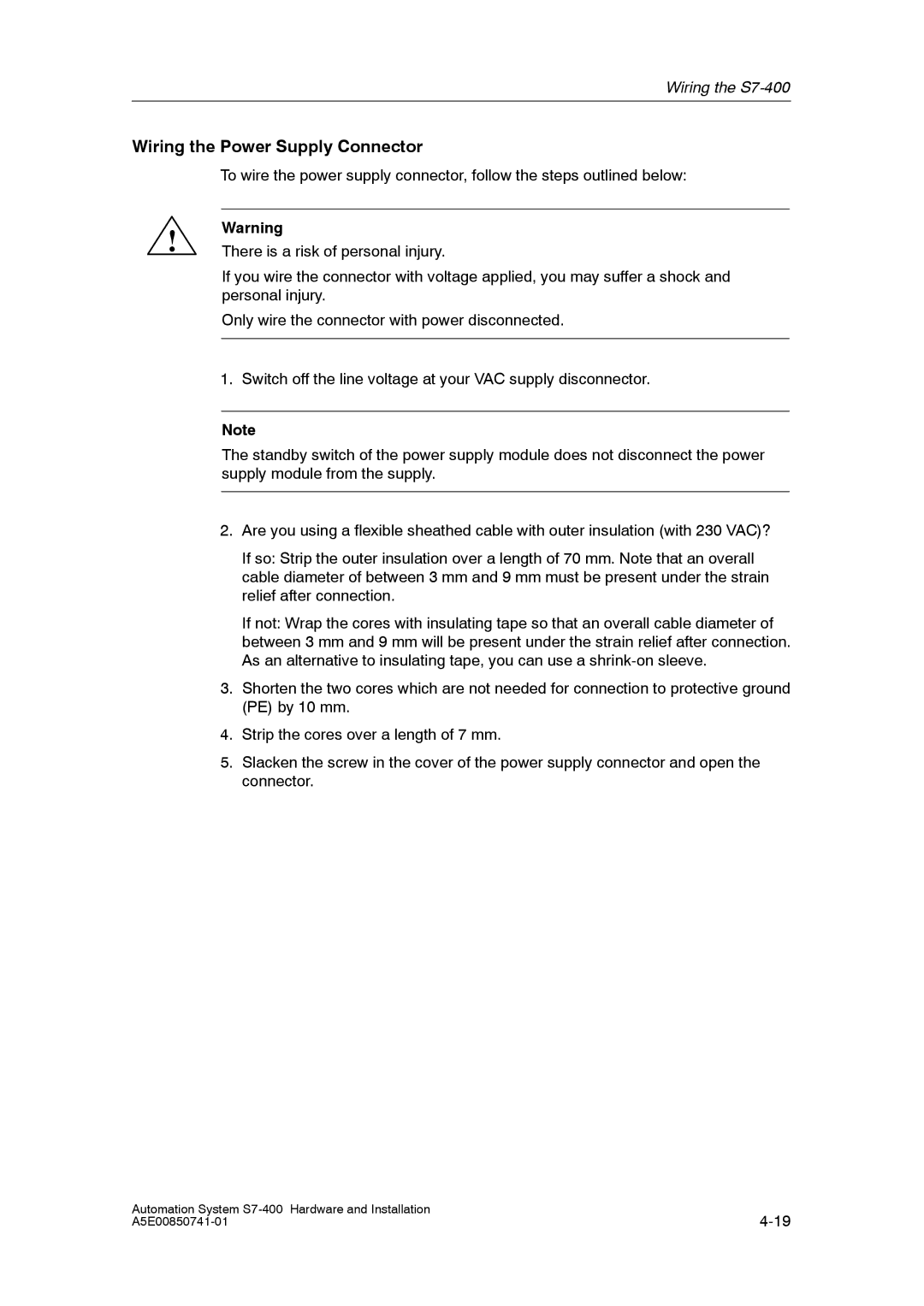 Siemens S7-400 installation manual Wiring the Power Supply Connector 