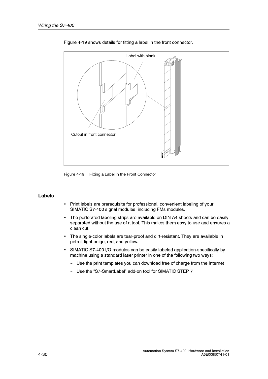 Siemens S7-400 installation manual Labels, shows details for fitting a label in the front connector 