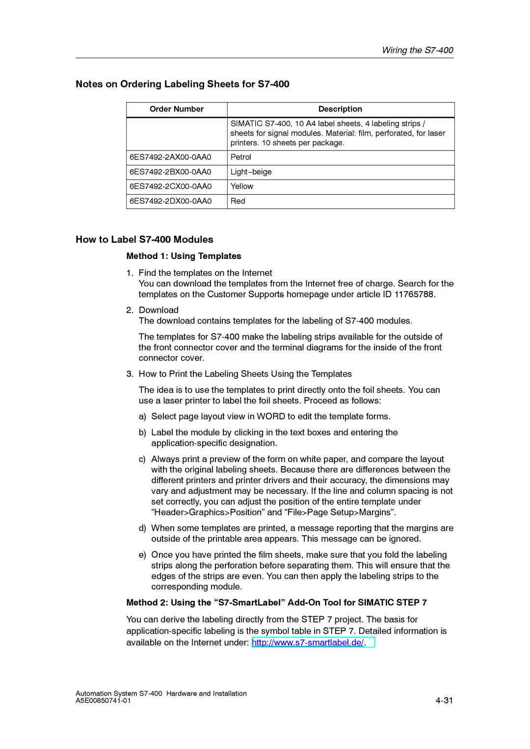 Siemens installation manual How to Label S7-400 Modules, Order Number Description 