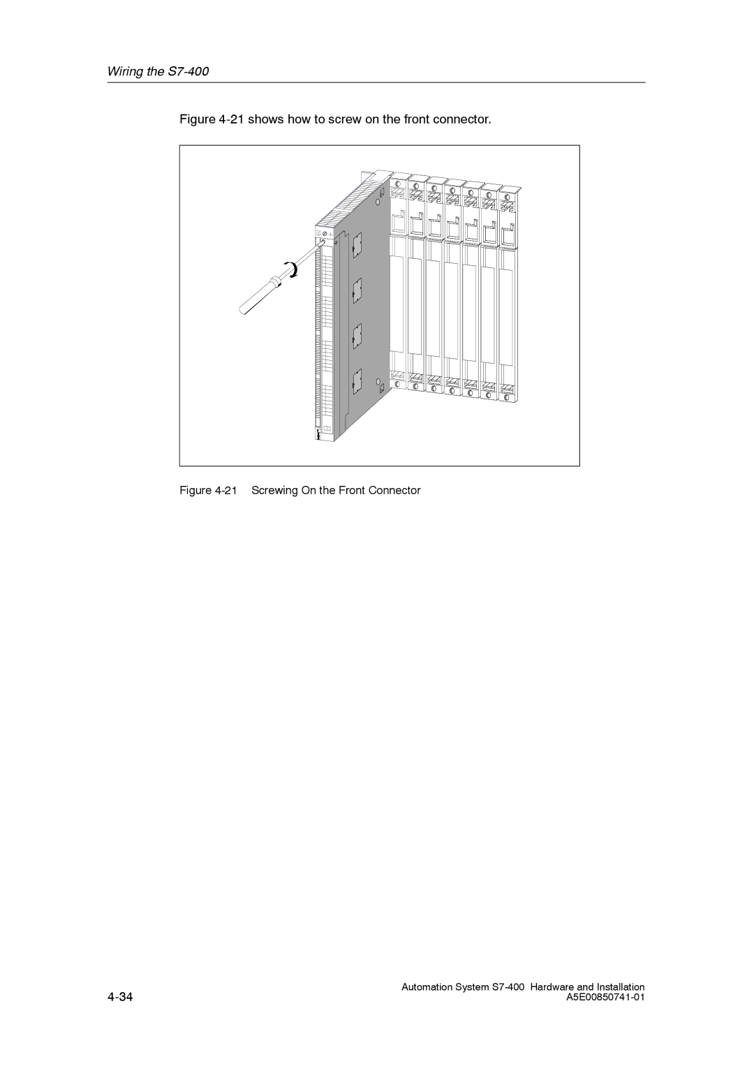 Siemens S7-400 installation manual shows how to screw on the front connector 