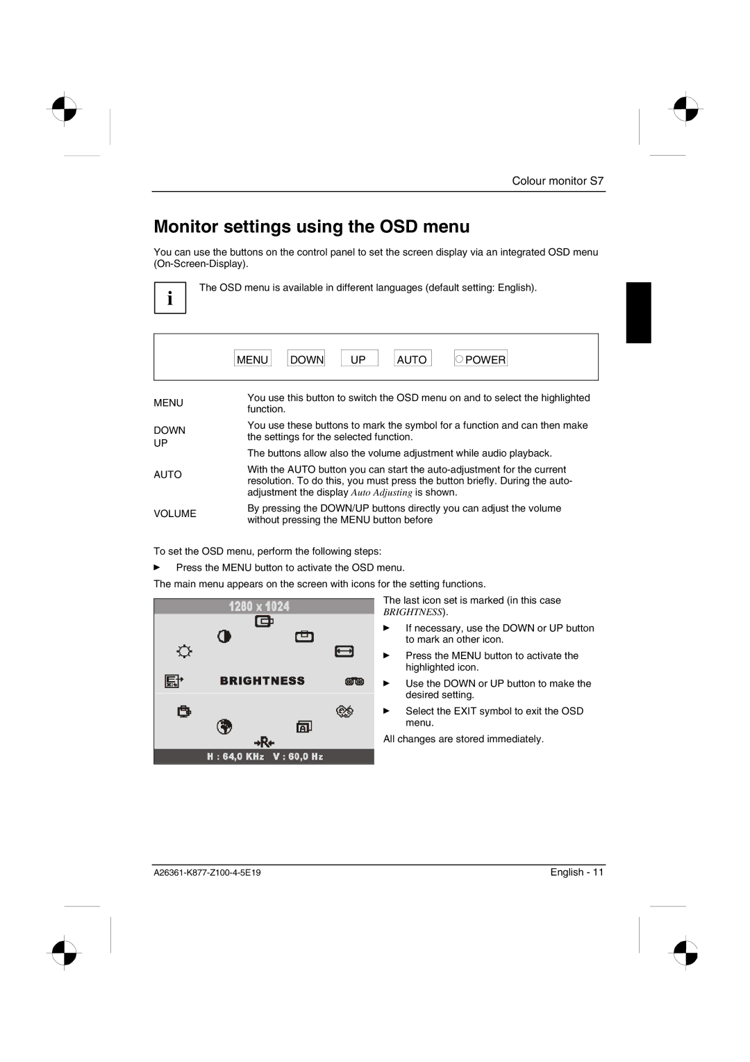 Siemens S7 manual Monitor settings using the OSD menu, Menu Down Auto Power Volume 