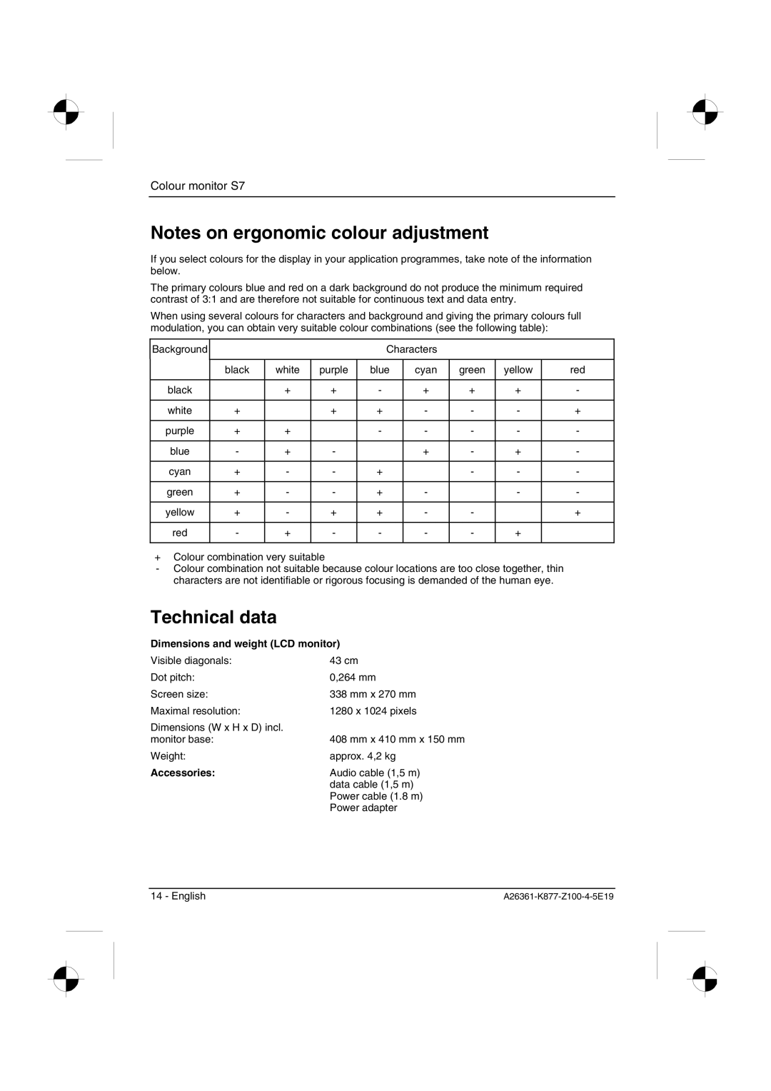 Siemens S7 manual Technical data, Dimensions and weight LCD monitor, Accessories 