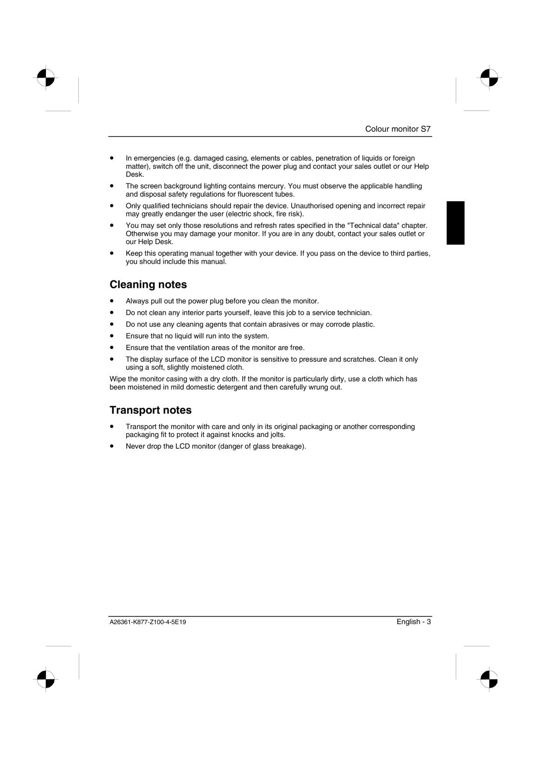 Siemens S7 manual Cleaning notes, Transport notes 