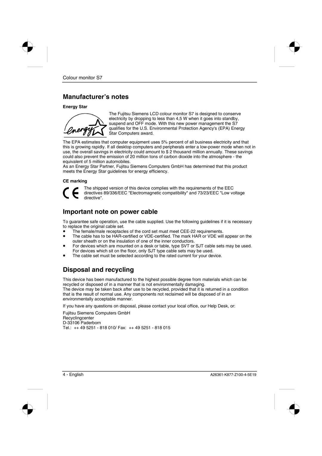 Siemens S7 manual Manufacturer’s notes, Important note on power cable, Disposal and recycling, Energy Star, CE marking 