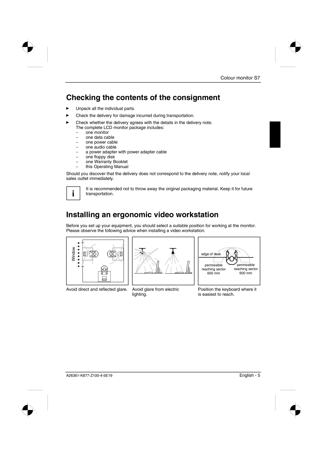 Siemens S7 manual Checking the contents of the consignment, Installing an ergonomic video workstation 