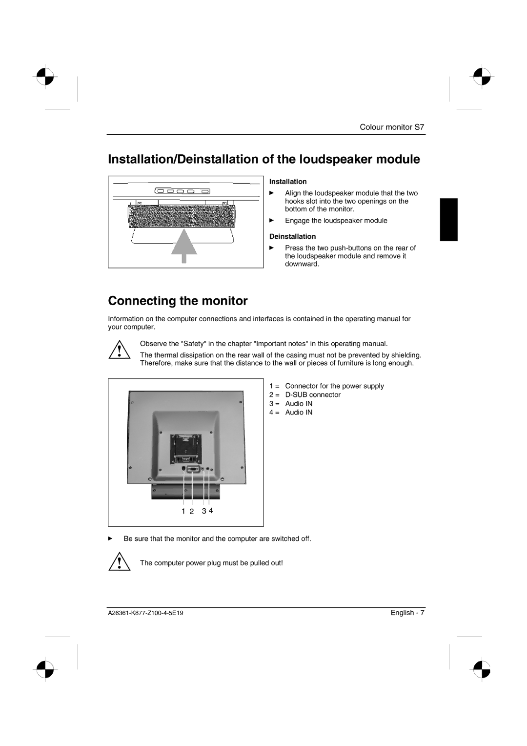 Siemens S7 manual Installation/Deinstallation of the loudspeaker module, Connecting the monitor 