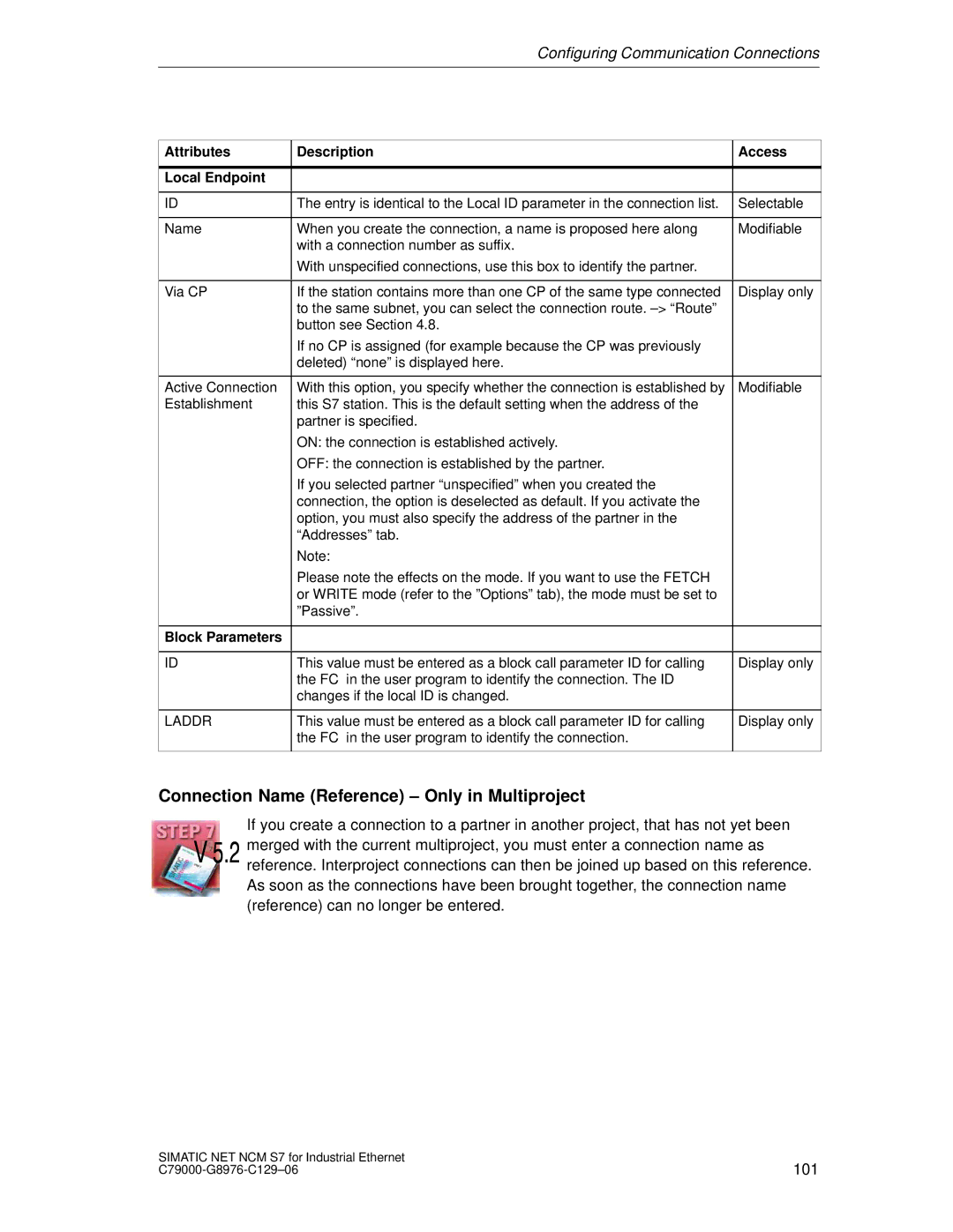 Siemens S7 Connection Name Reference Only in Multiproject, Attributes Description Access Local Endpoint, Block Parameters 