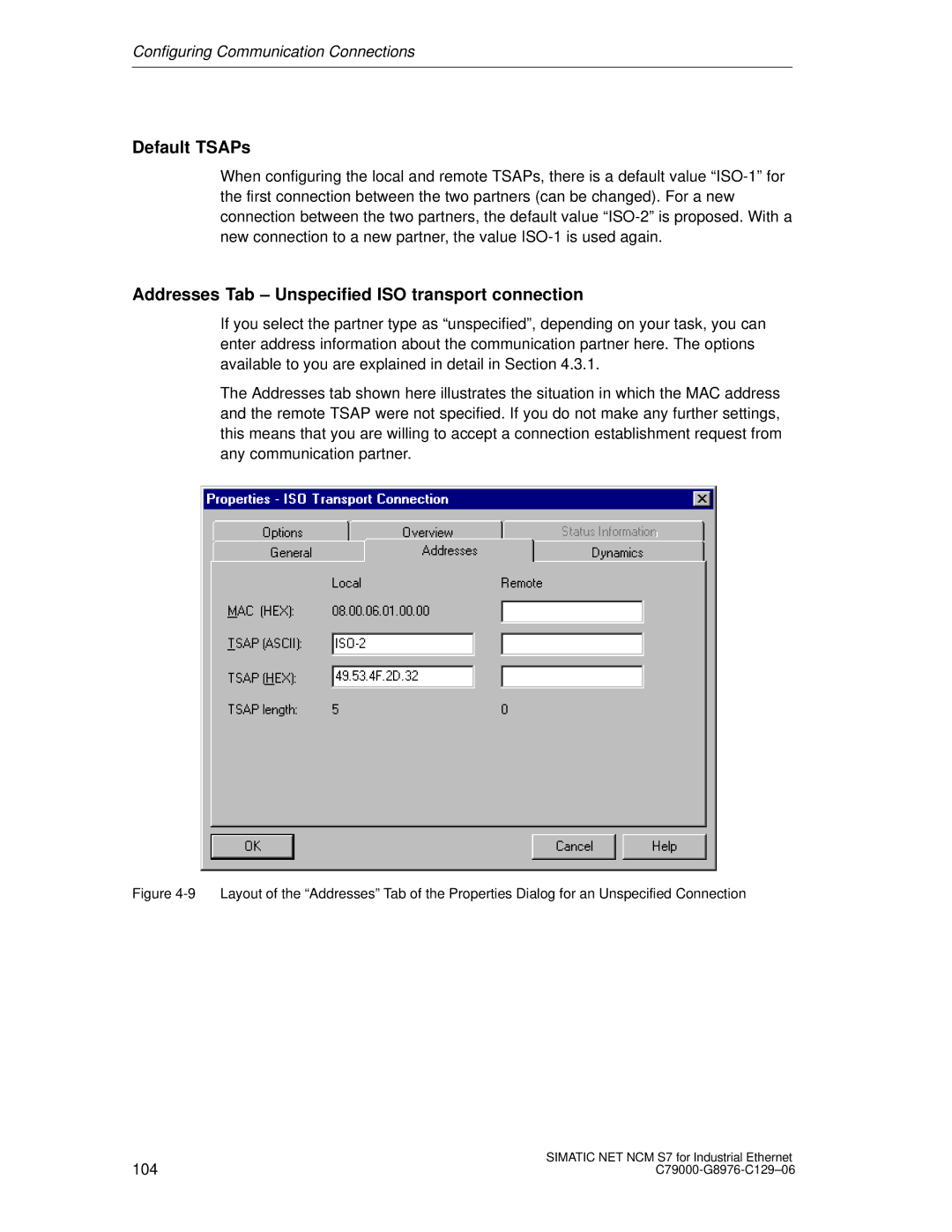 Siemens S7 appendix Default TSAPs, Addresses Tab Unspecified ISO transport connection 