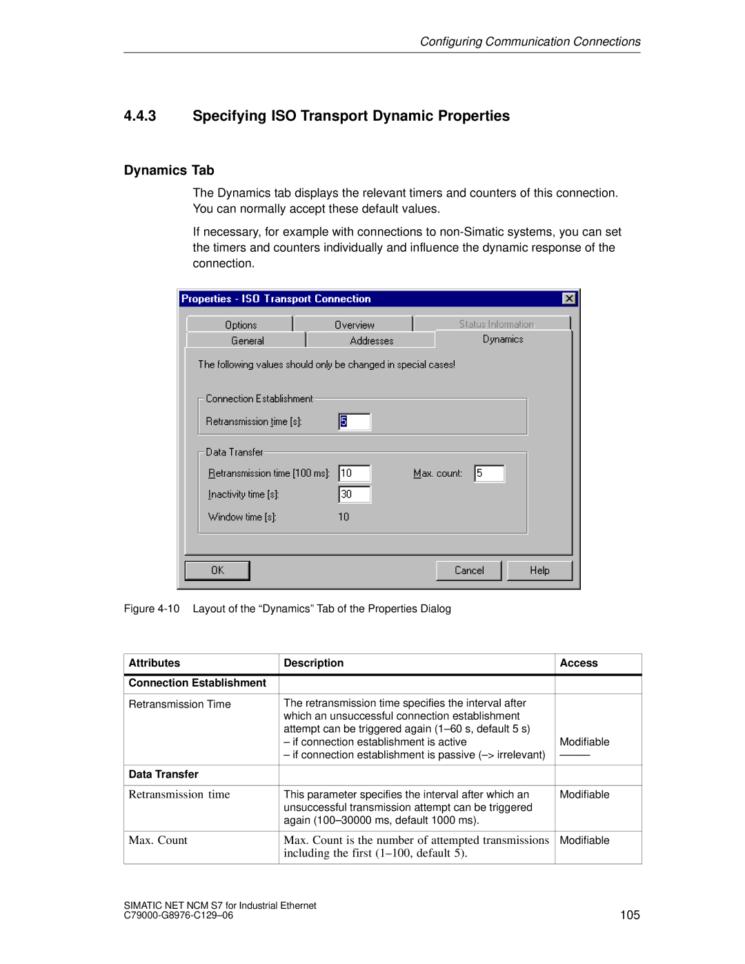 Siemens S7 appendix Specifying ISO Transport Dynamic Properties, Dynamics Tab, Data Transfer 