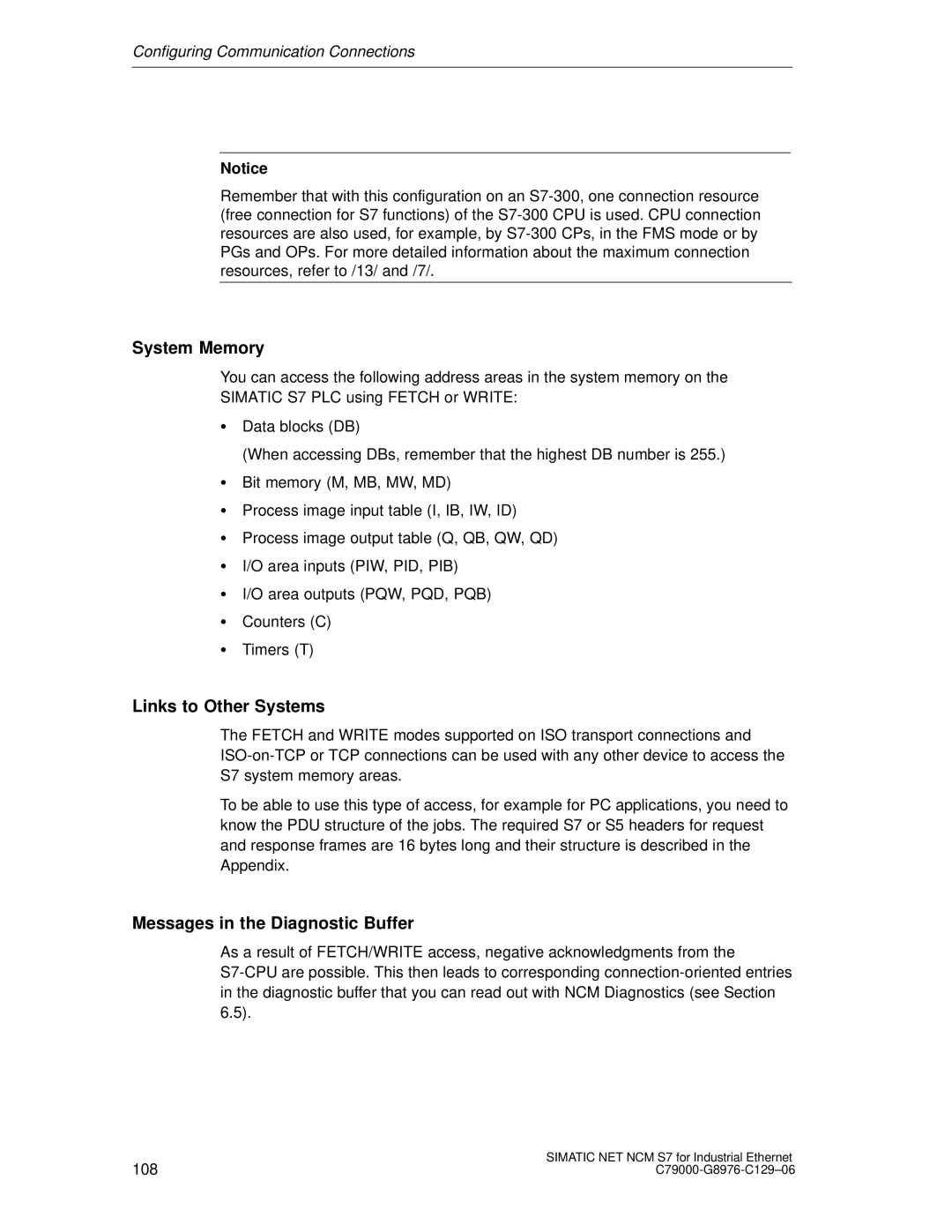 Siemens S7 appendix System Memory, Links to Other Systems, Messages in the Diagnostic Buffer 