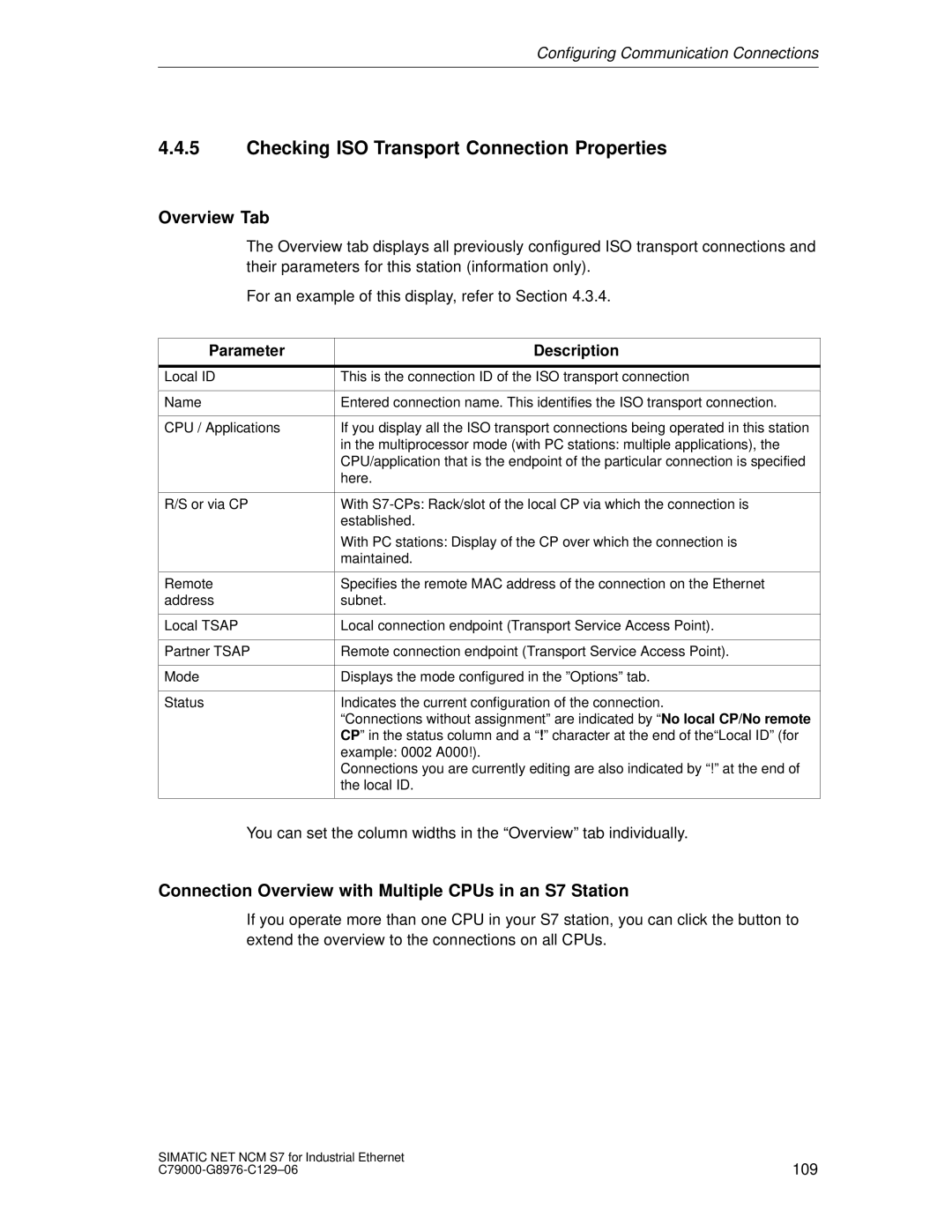 Siemens S7 appendix Checking ISO Transport Connection Properties, Overview Tab, Parameter Description 