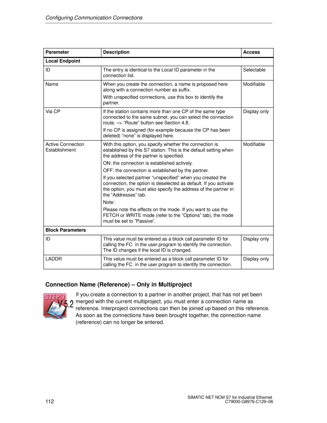 Siemens S7 appendix Parameter Description Access Local Endpoint, Block Parameters 