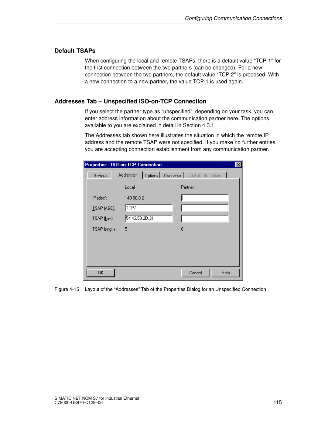 Siemens S7 appendix Default TSAPs, Addresses Tab Unspecified ISO-on-TCP Connection 