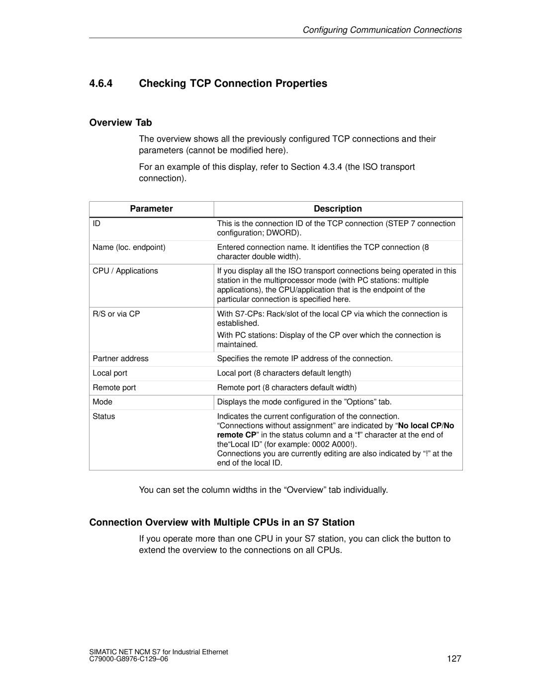 Siemens S7 appendix Checking TCP Connection Properties, Overview Tab 