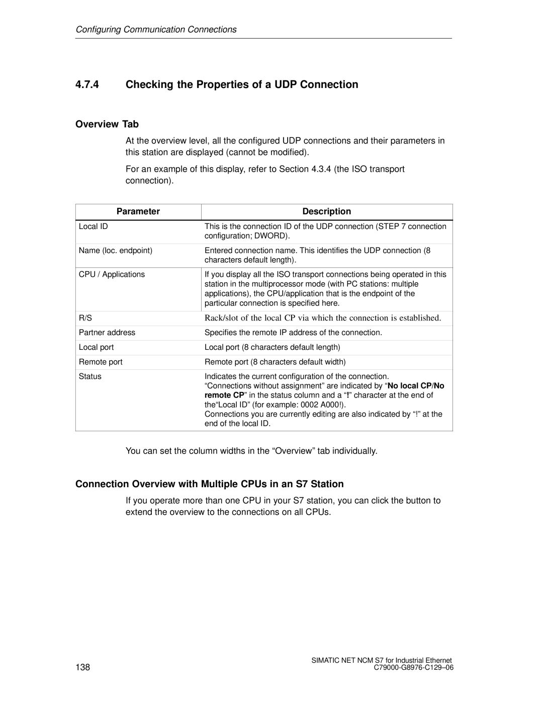 Siemens S7 appendix Checking the Properties of a UDP Connection, Overview Tab 