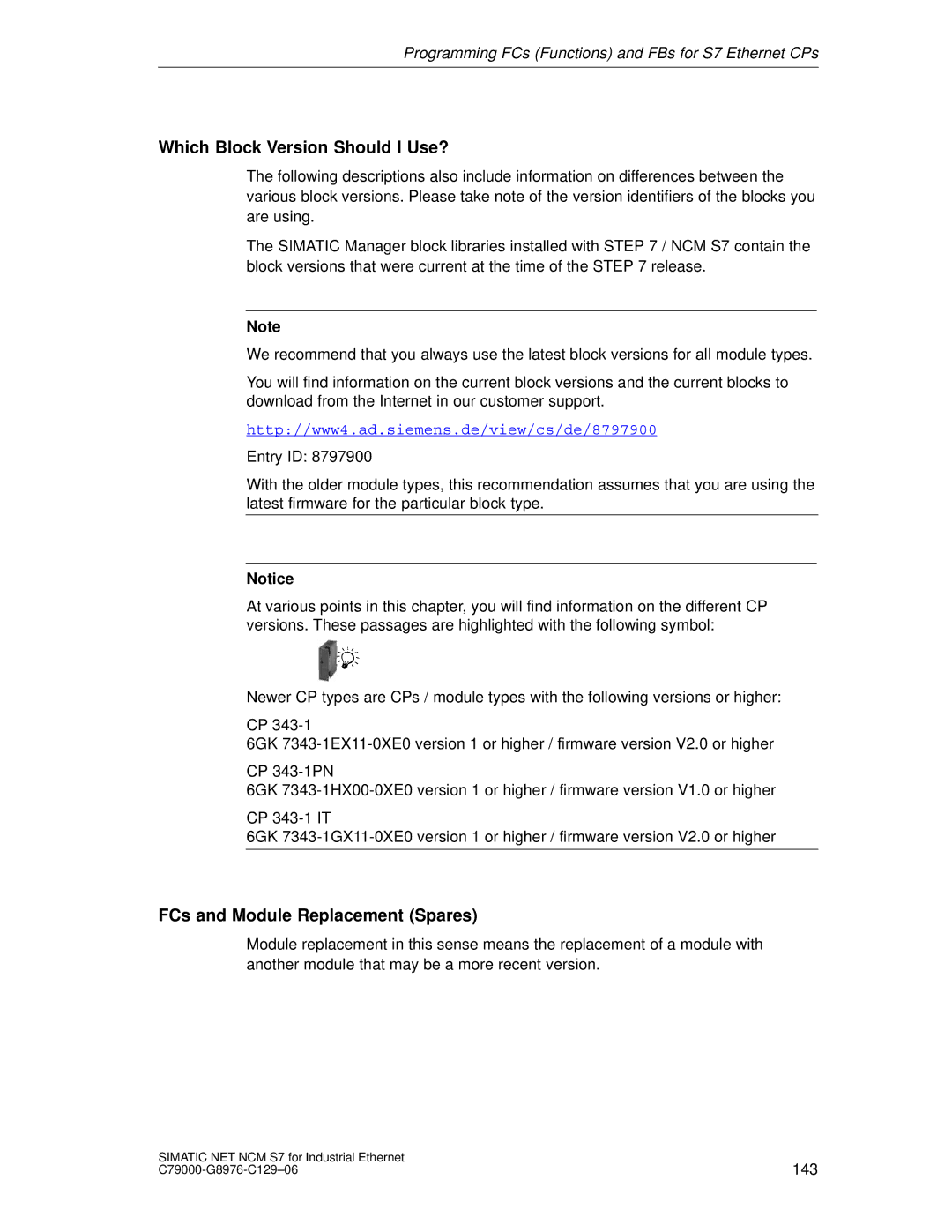 Siemens S7 appendix Which Block Version Should I Use?, FCs and Module Replacement Spares 