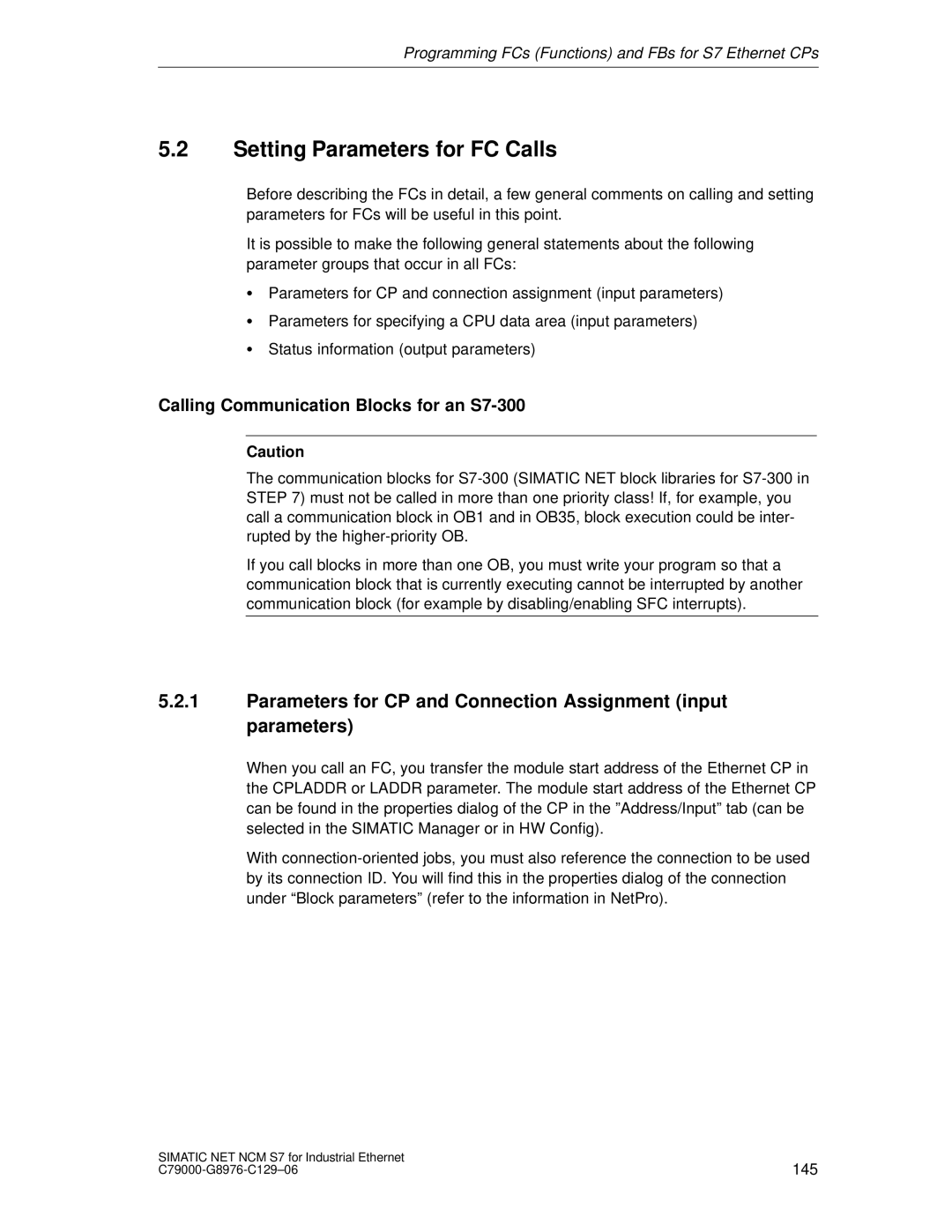 Siemens appendix Setting Parameters for FC Calls, Calling Communication Blocks for an S7-300 