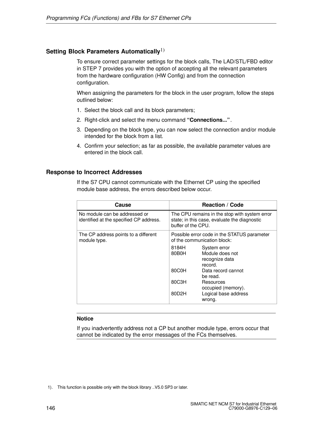Siemens S7 appendix Setting Block Parameters Automatically1, Response to Incorrect Addresses, Cause Reaction / Code 