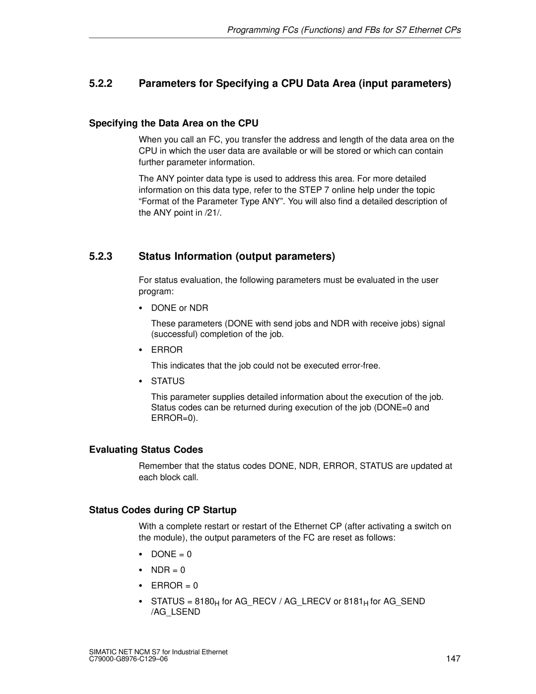 Siemens S7 appendix Parameters for Specifying a CPU Data Area input parameters, Status Information output parameters 