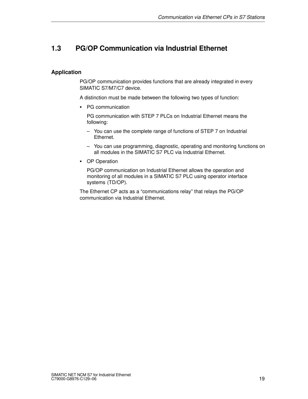 Siemens S7 appendix PG/OP Communication via Industrial Ethernet, Application 