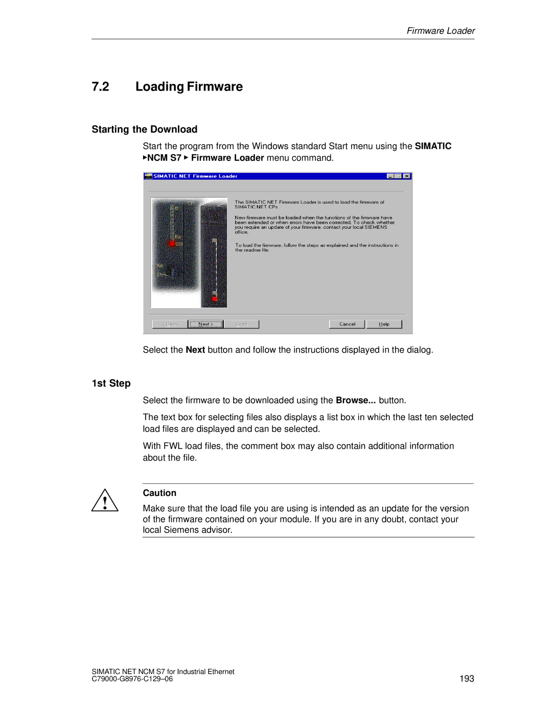 Siemens appendix Loading Firmware, Starting the Download, 1st Step, NCM S7 Firmware Loader menu command 